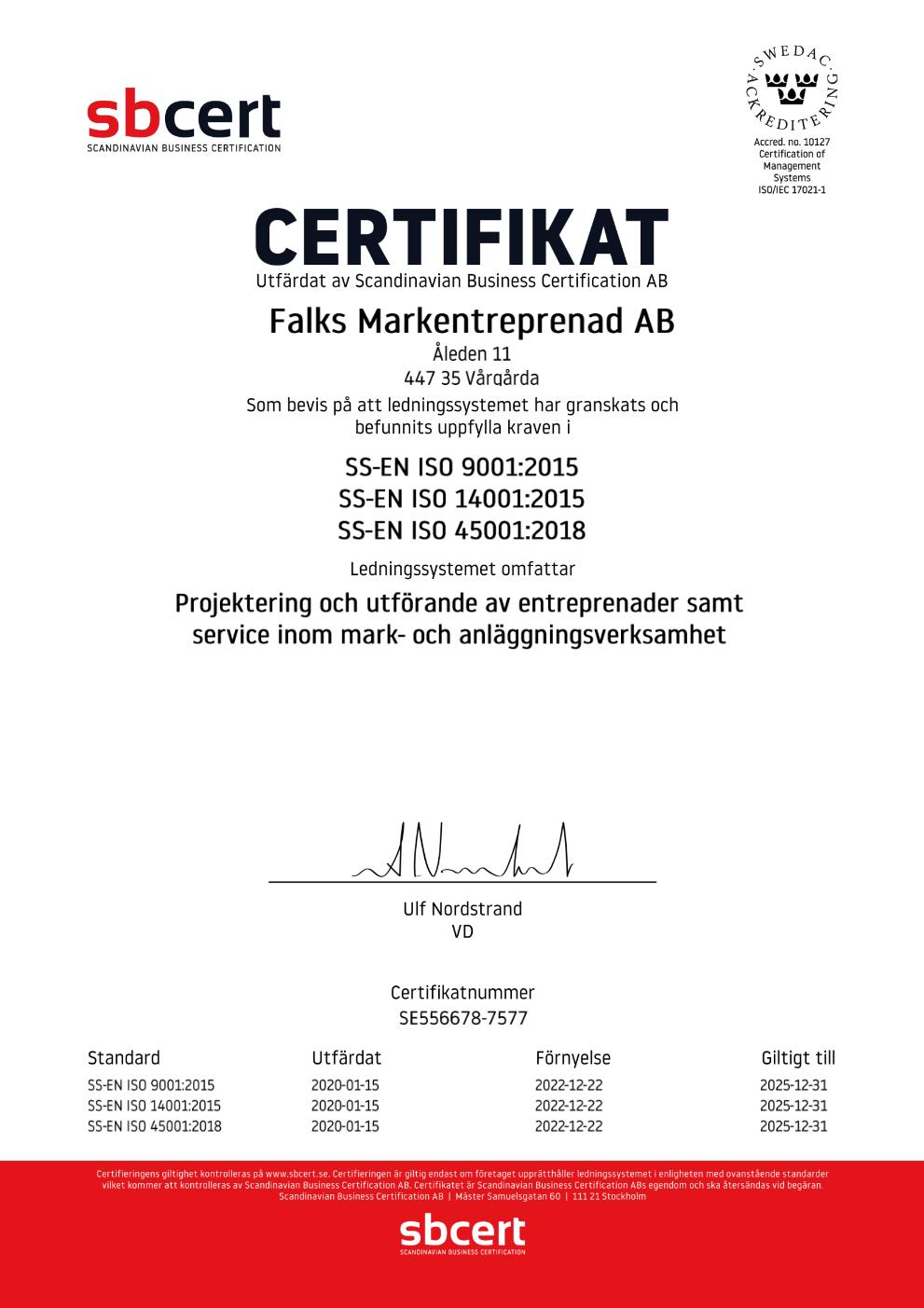 Certifikat Falks Markentreprenad ISO 9001 14001 45001